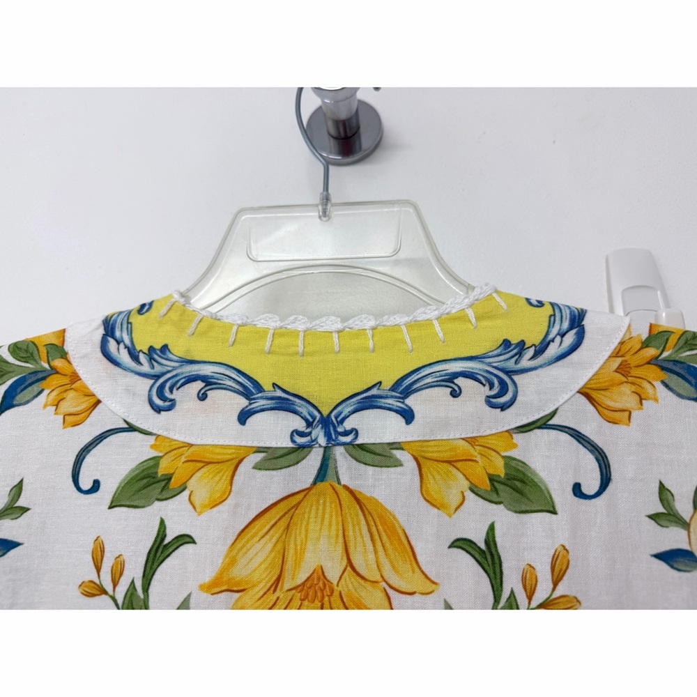 Farm Rio Sicily Scarf Lemon Print Mini Dress Yellow Fruit Floral Linen L - Picture 13 of 16